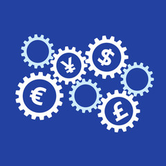 Rotating gears with currency symbols inside - dollar, euro, pound and yen. International finance system concept. Mechanism with money signs.  Simple flat vector clip art.