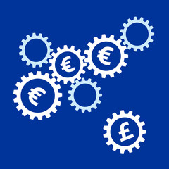 Rotating gears with euro currency symbols inside and gear with pound at a distance. Brexit financial concept. Mechanism with money signs. Simple flat vector clip art.
