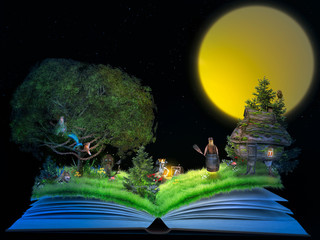 Magical children's tale in the pages of the open book. The fairy mermaid, a hut on chicken legs, the devil and bag of bones