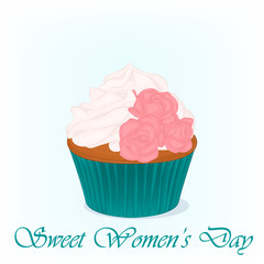 Yummy cupcake for International Women's day with roses flowers. Holiday background, poster or placard template in cartoon style. Vector illustration. Holiday Collection.