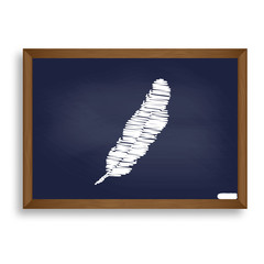 Feather sign illustration. White chalk icon on blue school board