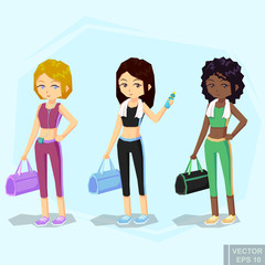 young fit woman in sportswear, with water bottle Bag, Player, towel after workout. African American blond girl