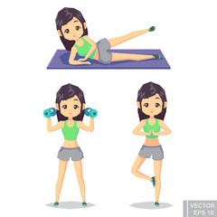 Fototapeta na wymiar Active fitness girl lifts weights and exercises. Vector character illustration in different poses in cartoon style.