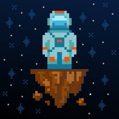 Pixel art. Astronaut stay on the asteroid. Vector illustration. Old arcade game design. Pixel game space level. Pixel personage.
