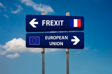 two road signs, french elections (frexit)and european union