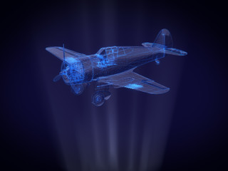 Fototapeta na wymiar blue x-ray Aircraft in Hologram Wireframe Style.3D rendering.