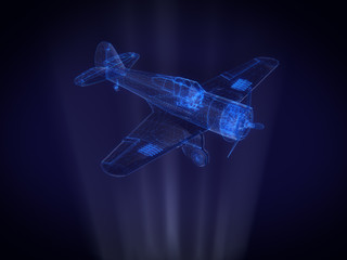 Fototapeta na wymiar blue x-ray Aircraft in Hologram Wireframe Style.3D rendering.
