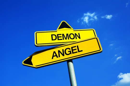 Demon vs Angel - Traffic sign with two options - good, holy, innocent and moral spiritual person from heaven vs bad and evil character from hell. Morality vs immorality, holiness and goodness vs sins