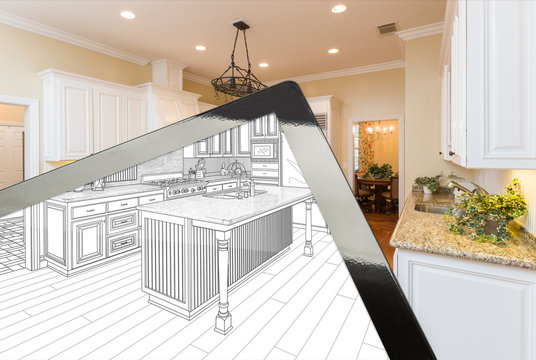 Computer Tablet Screen Showing The Drawing of The Kitchen Photograph Behind.