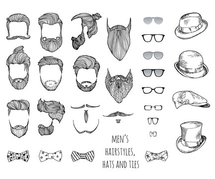 Hipster set. Beards, glasses, bow ties and hats.