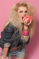 Barbie pop girl portrait holding and eating toy brain