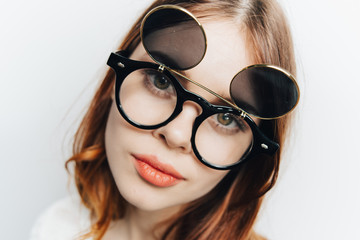 fashionable double sided glasses, retro style, beautiful woman