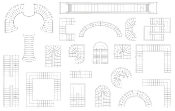 Graphic set of stairs in different forms. Top view. Vector illustration. Isolated on white background