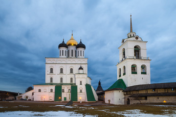 Pskov Kremlin fortress. Cathedral at the evening