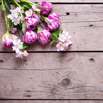  Spring tulips and apple tree flowers on aged wooden  background