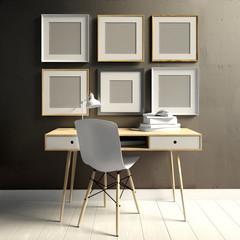 3d illustration, interior with a large number of frames