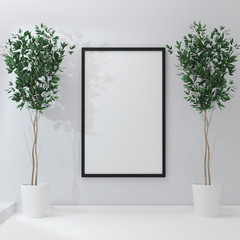 Mockup of blank frame poster and home flowers on the shelf. 3d rendering