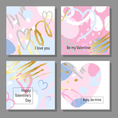 Valentine`s Day creative artistic hand drawn cards set. Vector illustration. Wedding, love, romantic template.