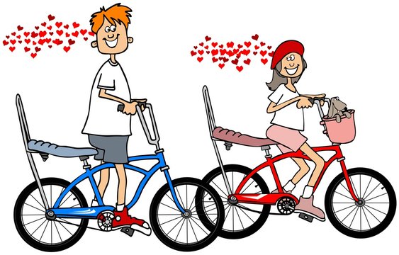 Illustration of a boy and girl riding bicycles with love hearts flowing from them.