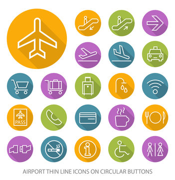 Set of Elegant Universal White Airport Minimalistic Isolated Thin Line Icons on Circular Colored Buttons on White Background.
