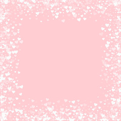 White hearts confetti. Chaotic border on pale_pink valentine background. Vector illustration.