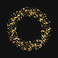Gold gradient hearts confetti. Bagel shape on black valentine background. Vector illustration.