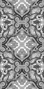 Abstract geometric seamless paisley pattern. Traditional oriental ornament. Black outlines on white background. Textile design.