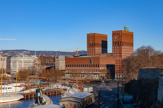 Oslo City Hall, Norway. Winter sunny day.