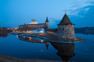 Pskov Kremlin at the confluence of two rivers, the Great and Pskov at night. Russia.