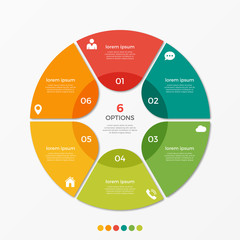 Circle chart infographic template with 6 options  for presentations, advertising, layouts, annual reports - obrazy, fototapety, plakaty
