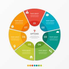 Obraz premium Szablon infografiki wykresu kołowego z 7 opcjami prezentacji, reklam, układów, raportów rocznych
