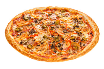 Delicious classic Mexican pizza with bacon, mushrooms, peppers, onion, tomatoes, Jalapenos and cheese