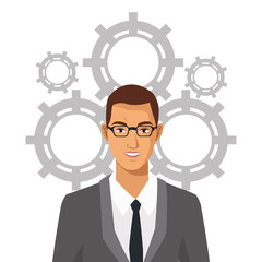 man with glasses suit business gears team vector illustration eps 10