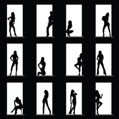 girl silhouette front of door set illustration in black