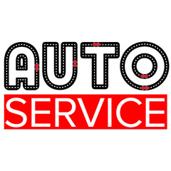 Obraz premium Auto service logo template - asphalt road with small vehicles. Logotype for heavy industry, car parts store, workshop or repair. Simple style vector clip art.