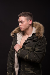 one young adult man jacket posing, upper body