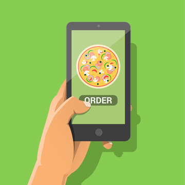 Ecommerce concept: order fast food online. Hand holding smartphone with pizza and button on screen. Vector flat cartoon illustration for advertisement, web sites, banners design. Delivery service.