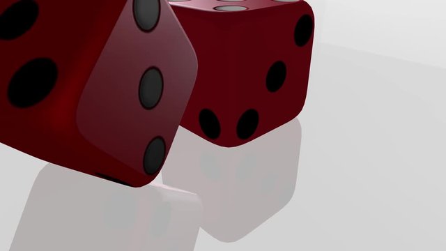 3d animation of gaming dice on a reflective white background