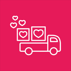 delivery car with hearts love line icon white on pink
