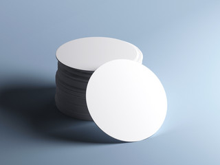Stack of white round beer coasters, isolated. Mockup. 3D illustration