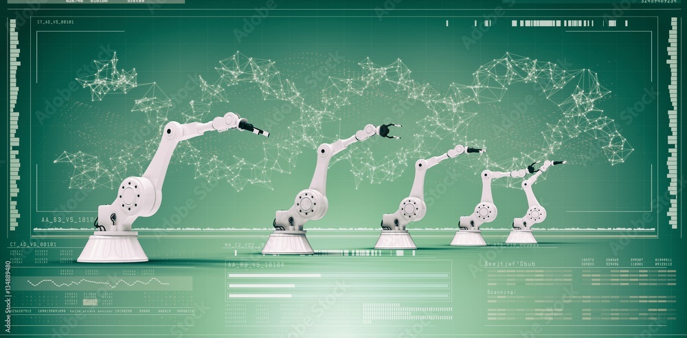 Poster composite image of digitally generated image of robotic arms 3d