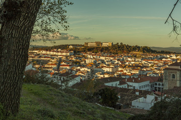 White architecture and red roofs in tourist Aracena's town. Huel