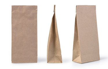 Brown paper bag packaging template isolated on white background