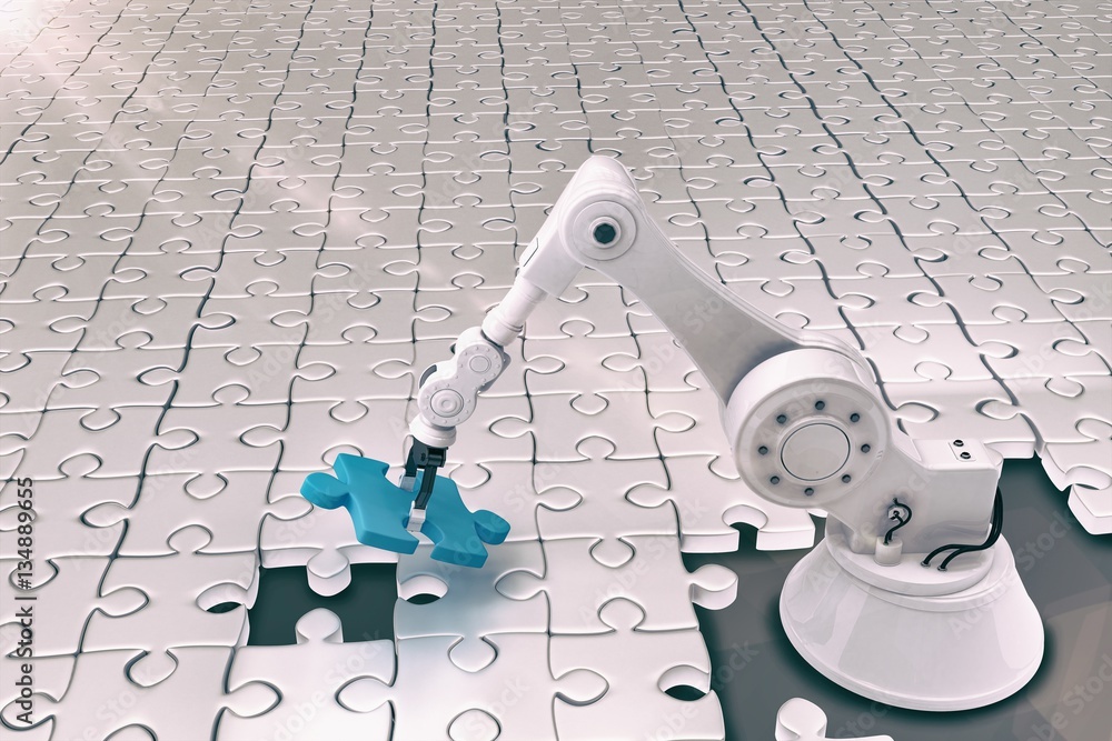 Poster composite image of robot setting up jigsaw puzzle 3d