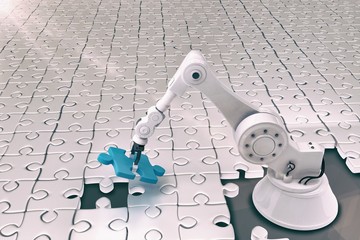 Composite image of robot setting up jigsaw puzzle 3d