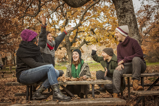 Happy friends conversating and throwing up leaves at the park in