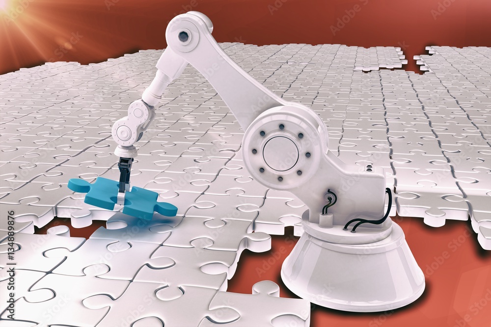 Poster robot setting up jigsaw puzzle 3d