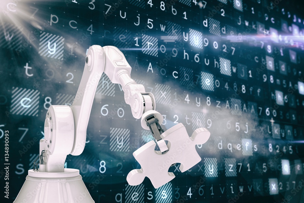 Poster composite image of machine holding jigsaw puzzle 3d