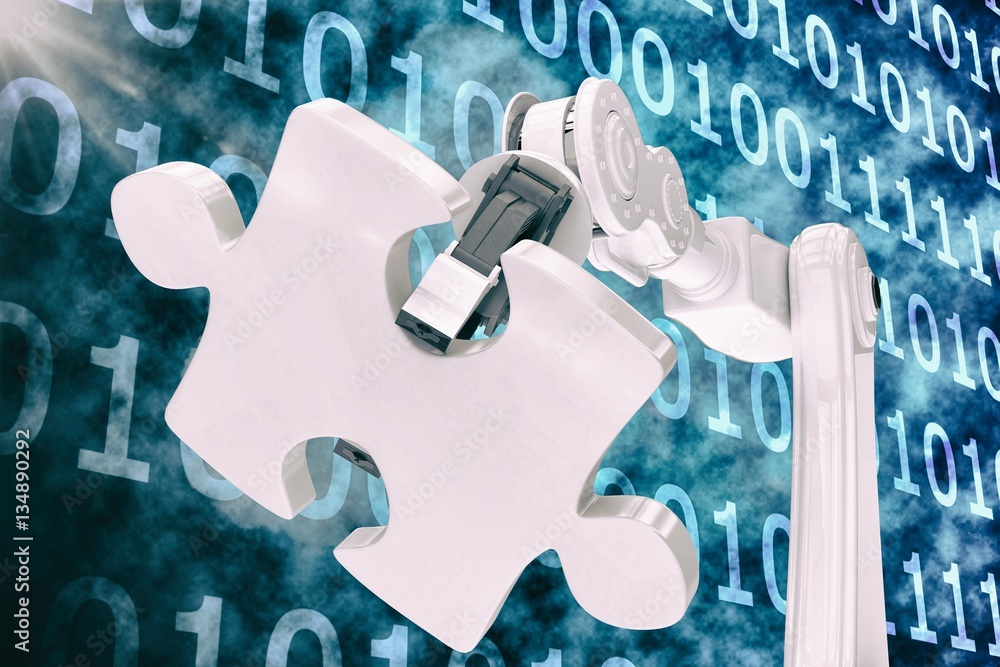 Poster vector image of machine holding jigsaw puzzle 3d