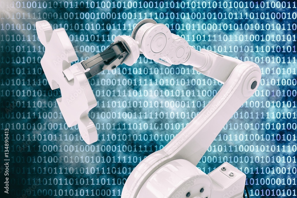 Poster Vector image of robot holding game puzzle 3d